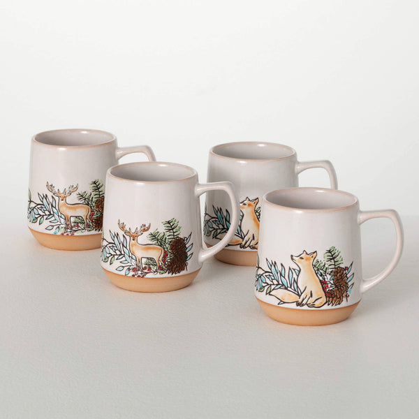 EMBOSSED Winter Wooldand Mugs set of 4