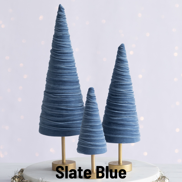 Your Heart's Content - Pedestal Trees Velvet Set of 3 Holiday Decor, Winter Mantel: Slate Blue