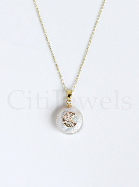 16"+2" 925 Silver Necklace w/ Pearl and CZ Charm in the cent: Crescent