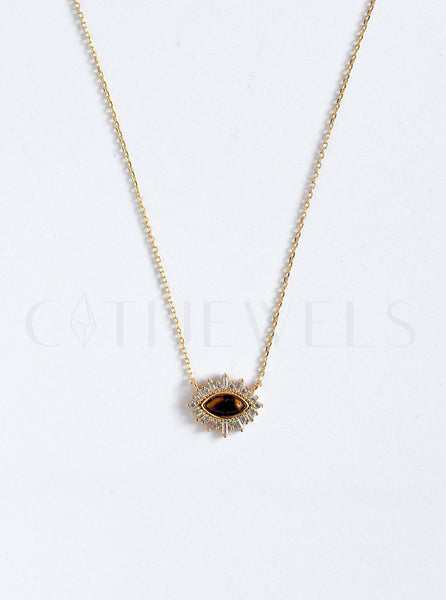 18k 925 Silver Baguette Eye Shape Tigereye Necklace (16'' + 2''