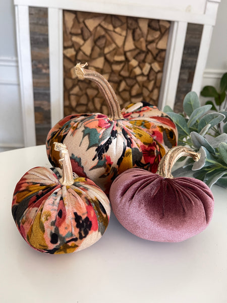 Handmade Velvet Floral Pumpkin Trio w/real stems