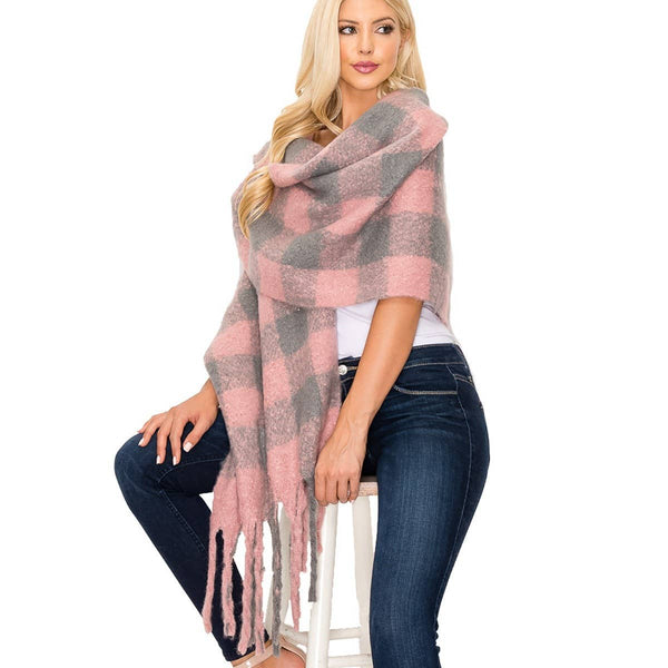 Plaid Pattern Fringe Scarf: Pink