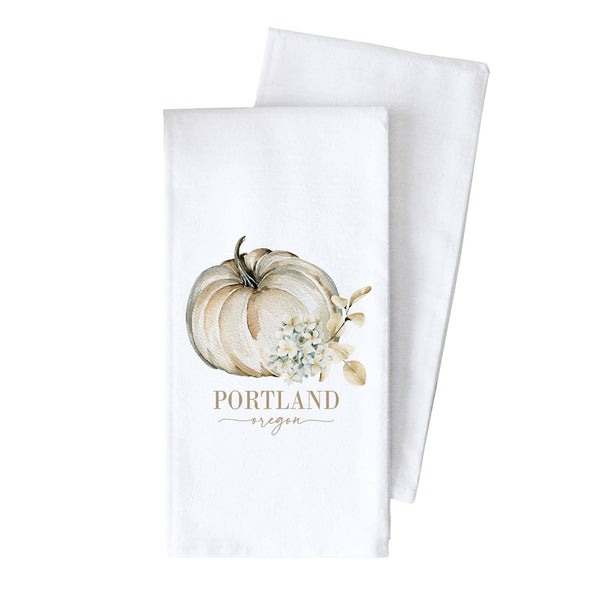 Porter Lane Home - Custom Location Floral Pumpkin Tea Towel: Natural • Cotton/Linen Blend